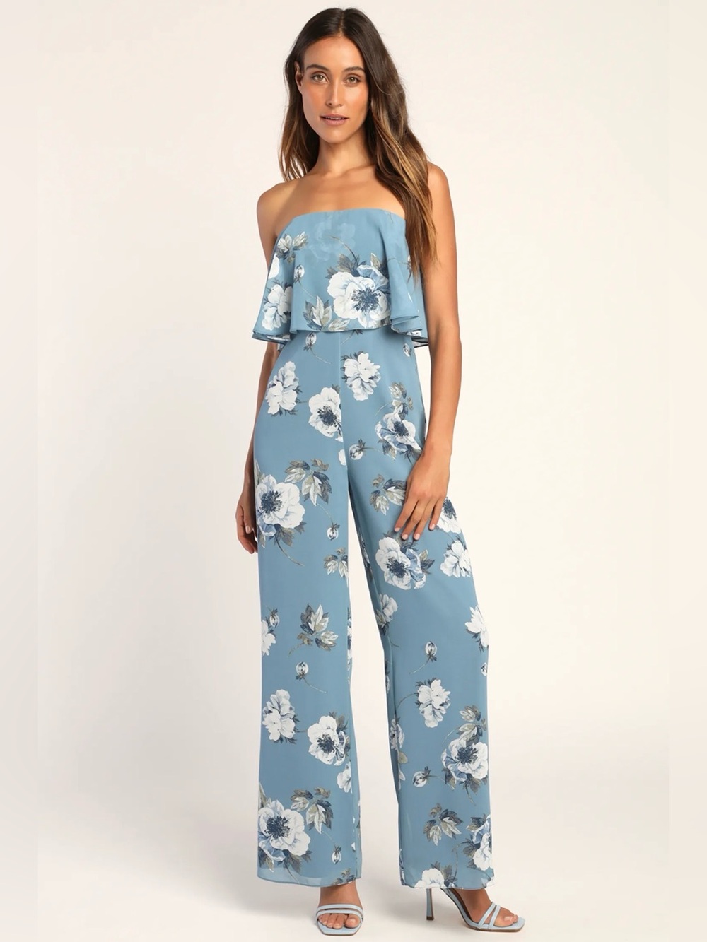 Lulus Blue Floral Strapless Wide Leg Jumpsuit Womens Large Summer Wedding